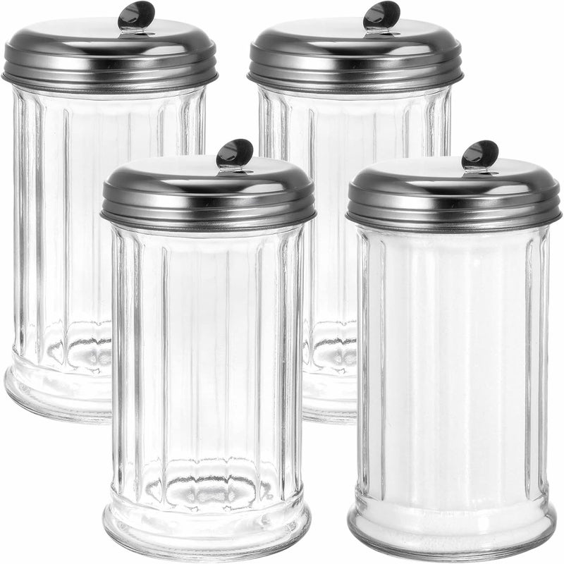 Tebery 4 Pack Sugar Shaker Dispenser Airtight, 12 Oz Thick Glass Sugar Pourer Container with Pour Flap Lid, Powdered Creamer Spice Dispenser for Coffee Bar, Salt, Pepper, Retro Style - Image 1